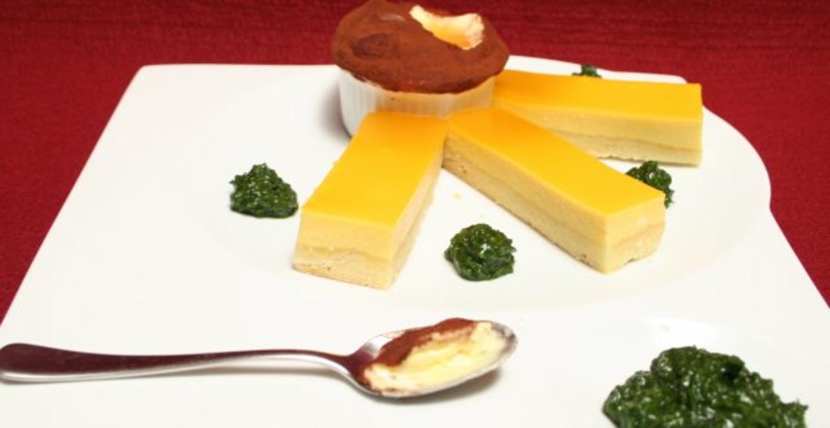 Passionsfrucht-Tarte an Orangenparfait und Basilikum-Minz-Pesto ...