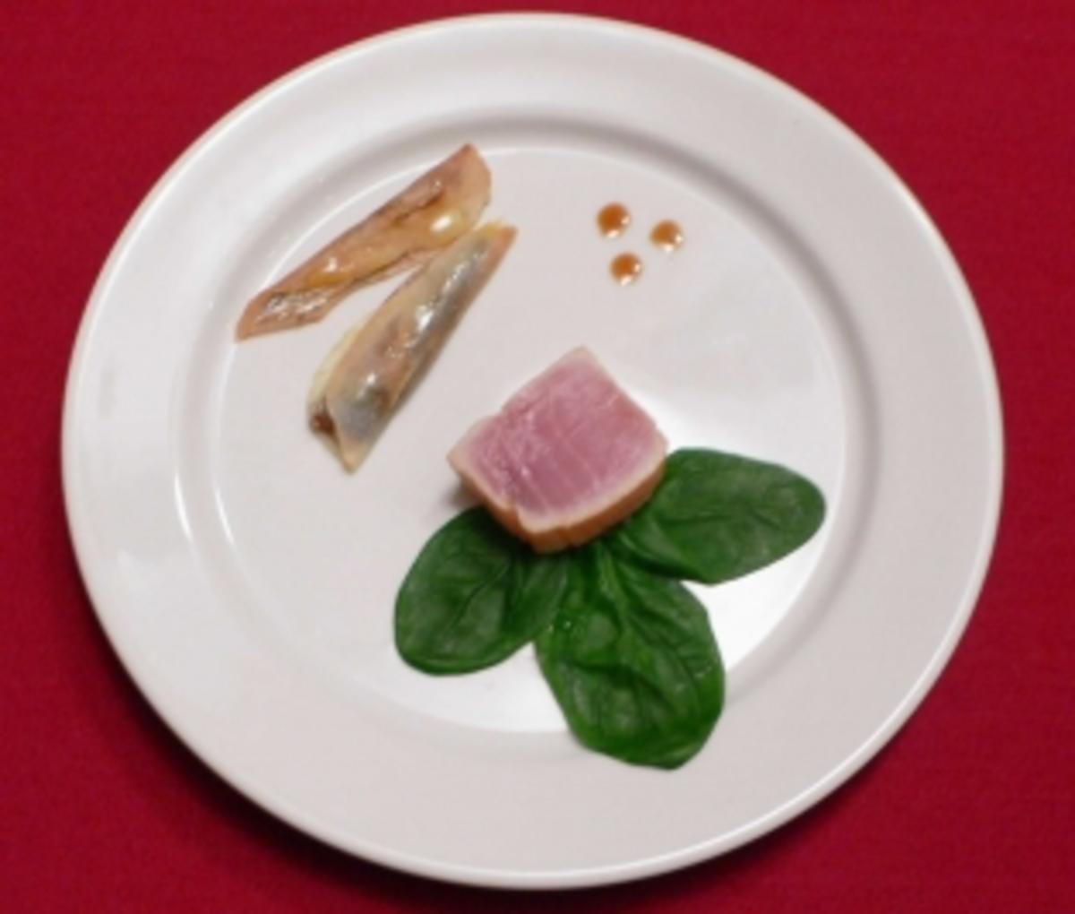 Tunfisch Yellow Fin mit Zitrus, Birne und marinierten Sardinen - Rezept