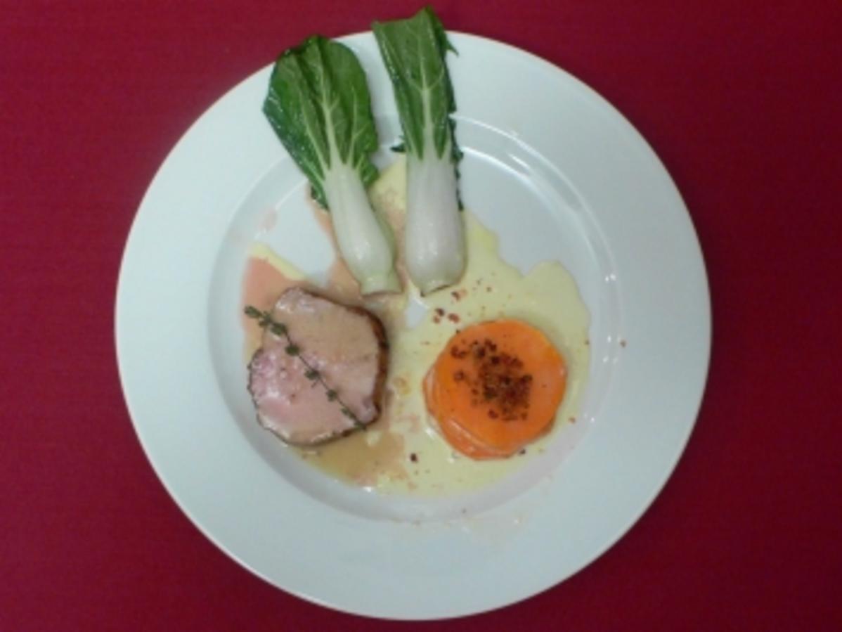 Milchkalbskarree mit Pak Choi Gemüse und Gratin von Süßkartoffeln ...
