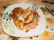 Hähnchenkeulen mit gefüllten Nudeln an Gemüsemischung - Rezept