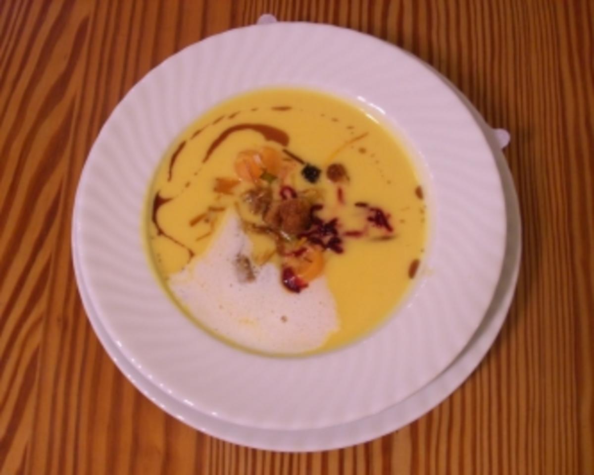 Zimt-Kürbiskernsuppe mit frittiertem Gemüse und Buttercroûtons - Rezept