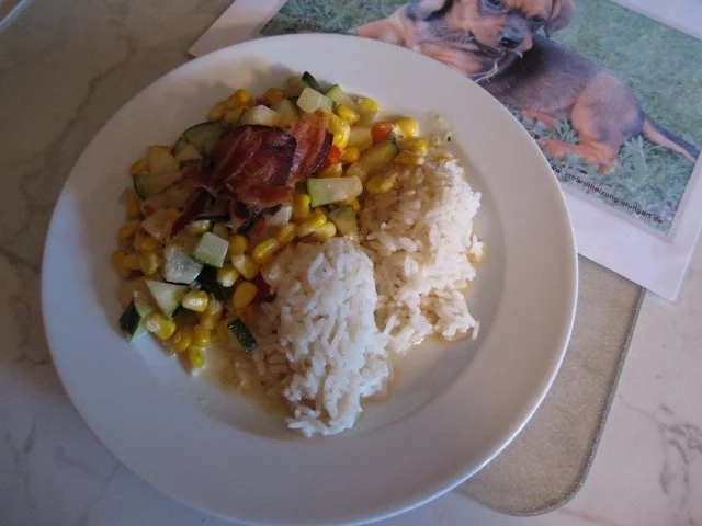 Mais-Zucchini mit Schinkenspeck - Rezept