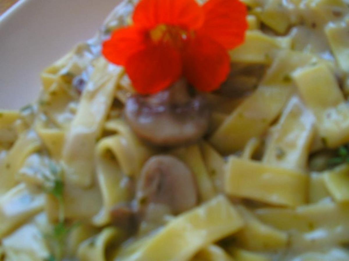 Käse Champignons Wein Soße mit Bandnudeln - einfach - 189 kcal/100g