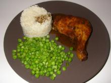 Hühnerhaxerl mit Zuckererbsen und Reis - Rezept