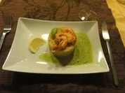 Rezept: Scampispiess mit Gemรผse-Couscous an Basilikumschaum Scampispiess mit Gemรผse-Couscous an Basilikumschaum - Rezept