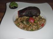türkischer Reissalat mit grünen Linsen und gefüllte Aubergine - Rezept