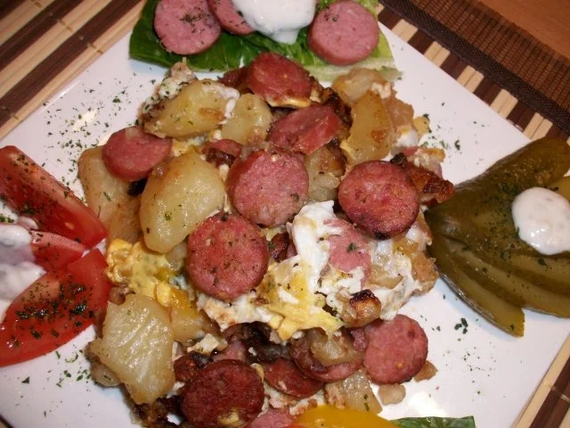 Rezept: Deftige Bauernpfanne mit gestocktem Ei......... Deftige Bauernpfanne mit gestocktem Ei......... - Rezept