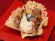 Leberstreifen auf Risotto im Parmesankörbchen - Rezept