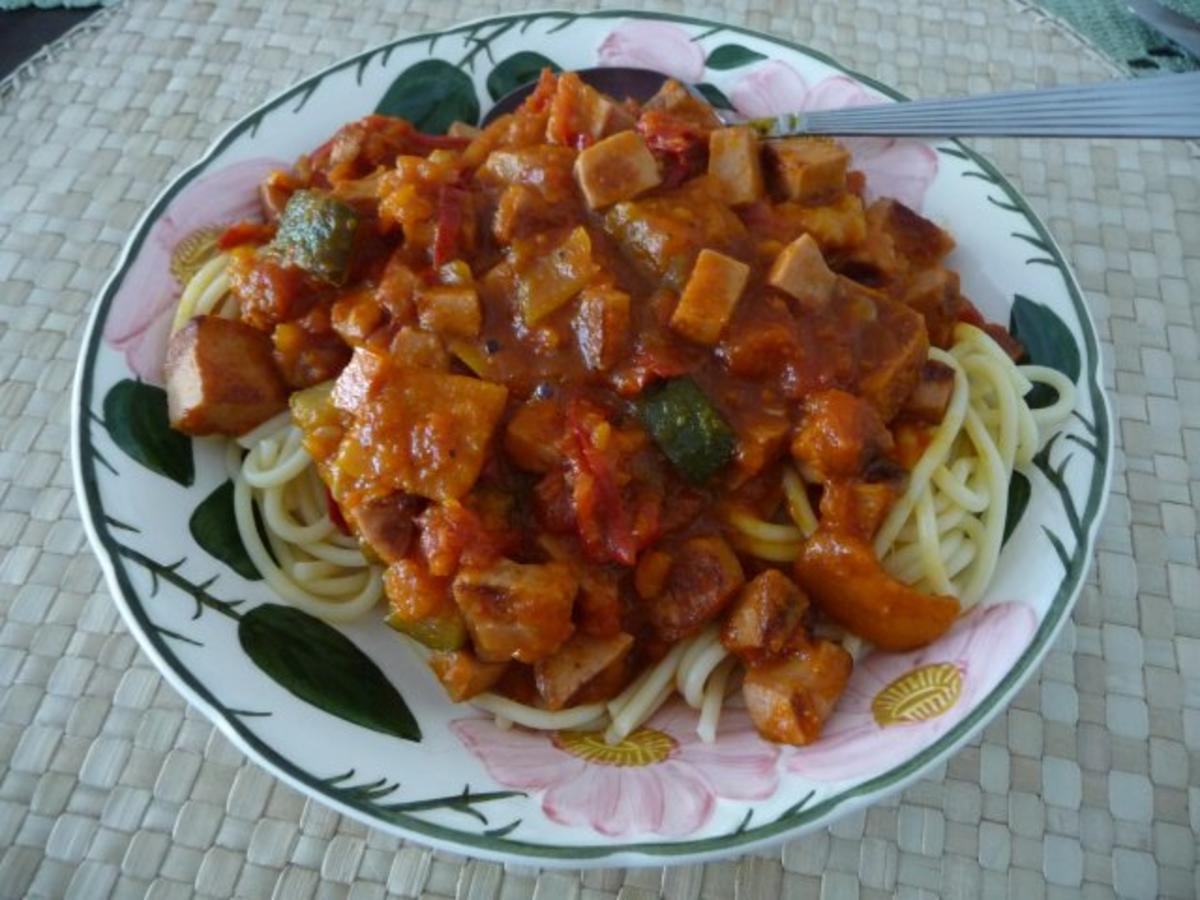 Pfannengerichte : Bunte Pfanne mit Spaghetti - Rezept