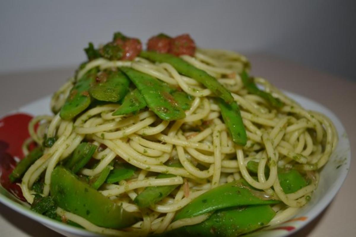 Bilder für Grapefruit-Spaghetti mit Zuckerschoten und Thai-Pesto - Rezept