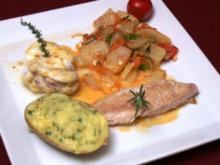 Variation vom Fisch an Fenchel-Tomaten-Gemüse an Weißweinsoße mit Mamas Kartoffeln - Rezept