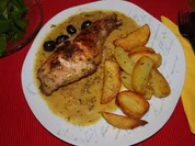 Kaninchenkeulen mit schwarzen Oliven   (Cosciotto di coniglio con olive) - Rezept