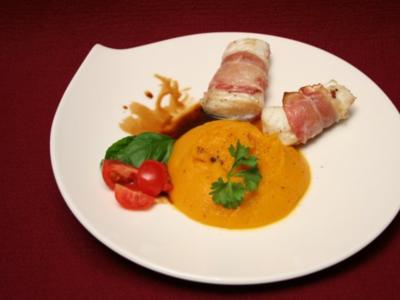 Rezept: Heilbutt im Speckmantel mit Kürbiscrème Heilbutt im Speckmantel mit Kürbiscrème - Rezept