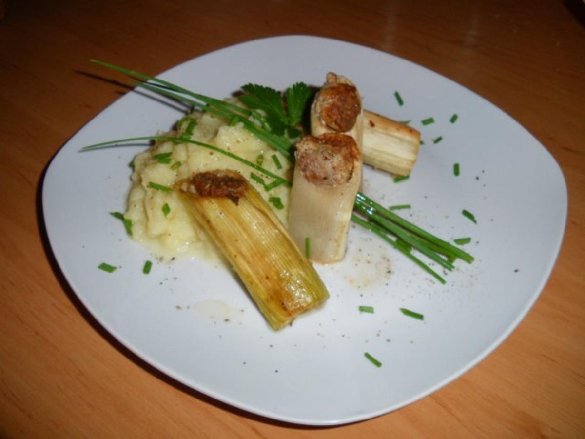 Gefüllte Porreeröhrchen mit einen Kartoffel-Birnen-Stampf - Rezept