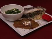 Fisch im Salzmantel mit getrüffelten Kartoffelpuffern und Babyspinat-Salat (Petra Neftel) - Rezept