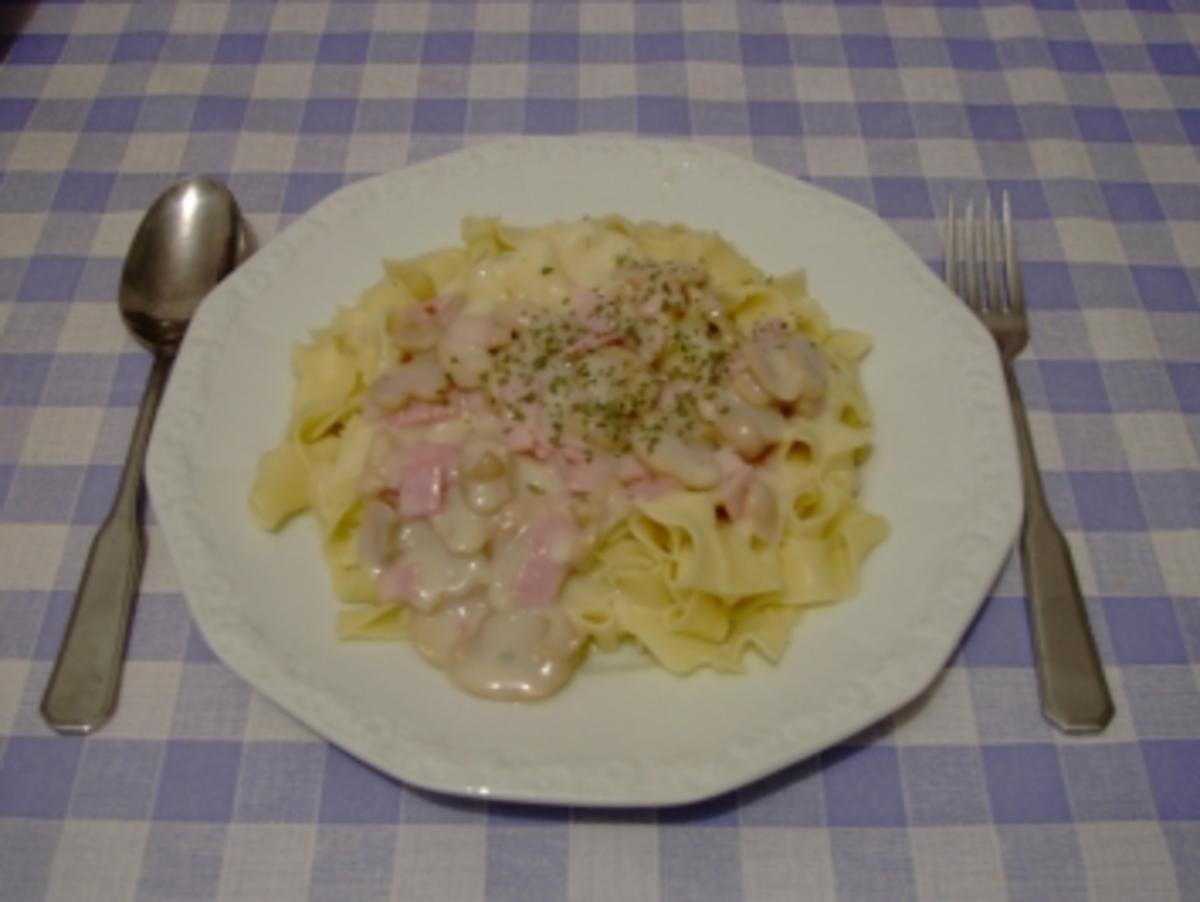 Bandnudeln mit Pilz-Schinken-Käsesoße - Rezept - kochbar.de