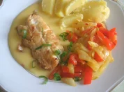 Kabeljau in Butter gebraten mit Kartoffelspalten  Orangen-Sahnesoße - Rezept