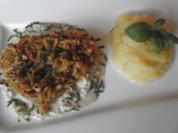 Kürbis - Püree und Kabeljau mit Kürbis- Nusskruste auf Apfelsoße - Rezept