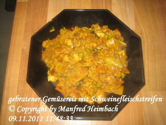 Rezept: Reis – gebratener Gemüsereis mit Schweinefleischstreifen Reis – gebratener Gemüsereis mit Schweinefleischstreifen - Rezept