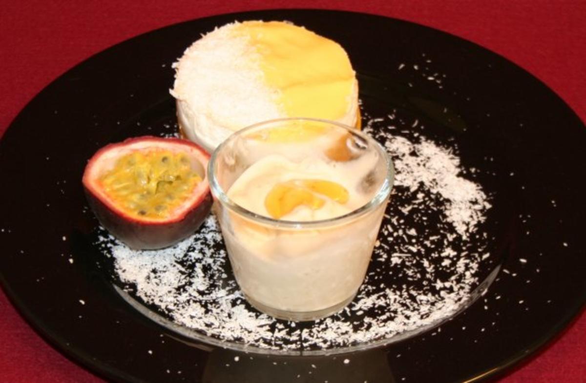 Pfirsich-Maracuja-Törtchen mit halbgefrorenem von der Banane - Rezept