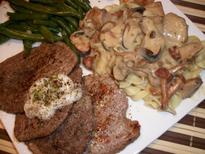 Rinderminutensteaks mit Mischpilzsoße und Prinzessbohnen - Rezept ...