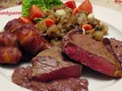 Rezept: Rumpsteak mit Baconkartoffeln und winterlichem Linsengemüse und Rotweinsauce Rumpsteak mit Baconkartoffeln und winterlichem Linsengemüse und Rotweinsauce - Rezept