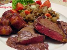 Rumpsteak mit Baconkartoffeln und winterlichem Linsengemüse und Rotweinsauce - Rezept