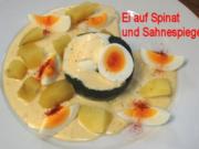 Ei auf Spinat-Kartoffelboden und Sahne-Spiegel Euro 5,50 für 4 Pers. - Rezept