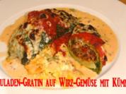 Wirsingrouladen auf seinem Gemüse gratiniert - Rezept