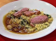 Entenbrust auf Spinat-Risoni-Bett mit Balsamico-Mandarinen-Schalotten (Frauen) - Rezept