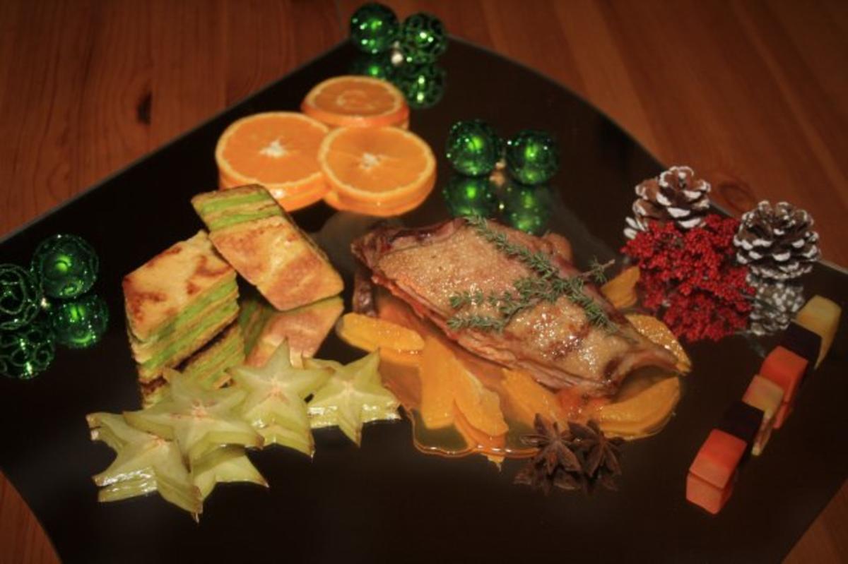 Weihnachtliche Ente auf Orangenjus Kräuterbaumkuchen und Trilogie vom Gemüse - Rezept - Bild Nr. 2