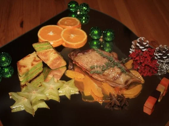 Weihnachtliche Ente auf Orangenjus Kräuterbaumkuchen und Trilogie vom Gemüse - Rezept - Bild Nr. 2