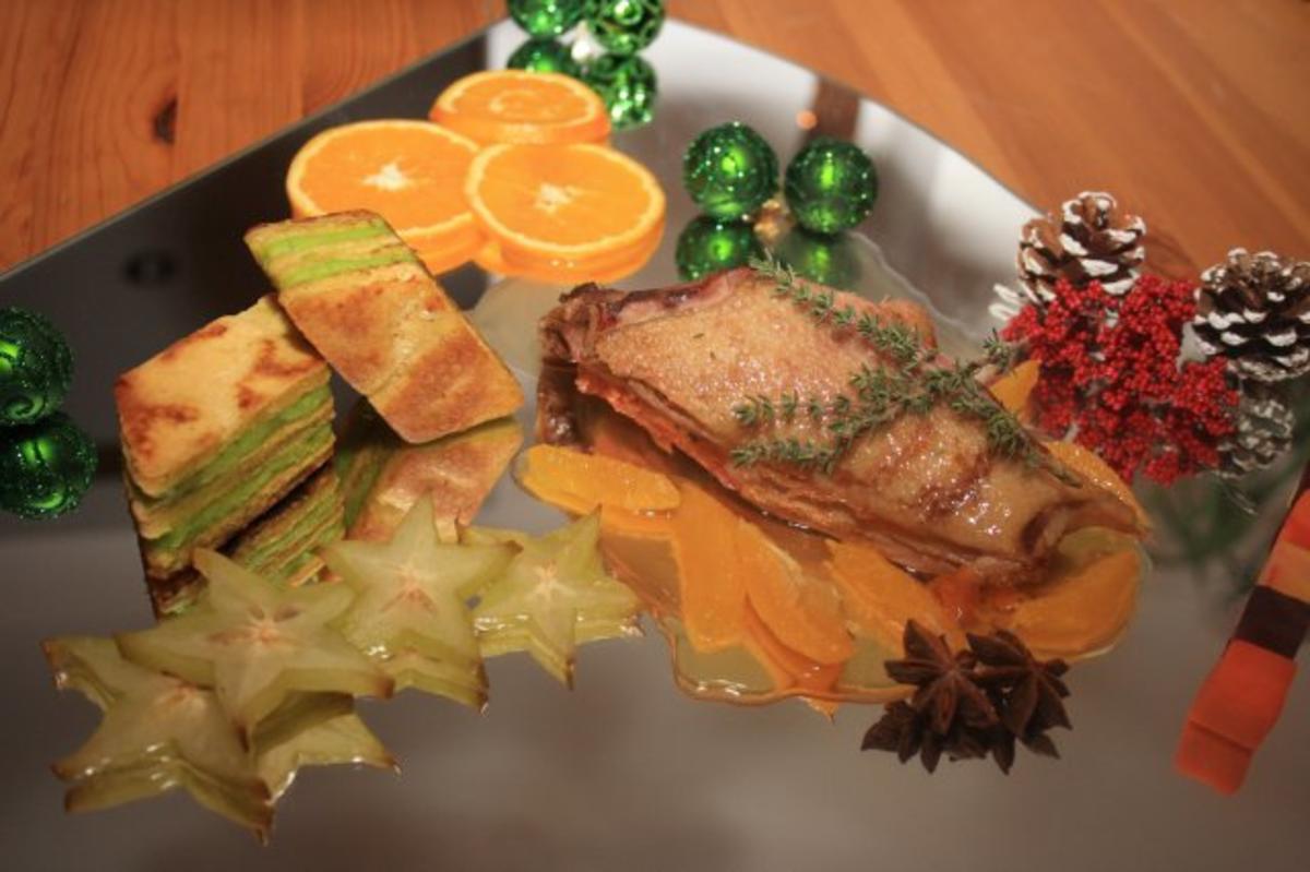 Weihnachtliche Ente auf Orangenjus Kräuterbaumkuchen und Trilogie vom Gemüse - Rezept