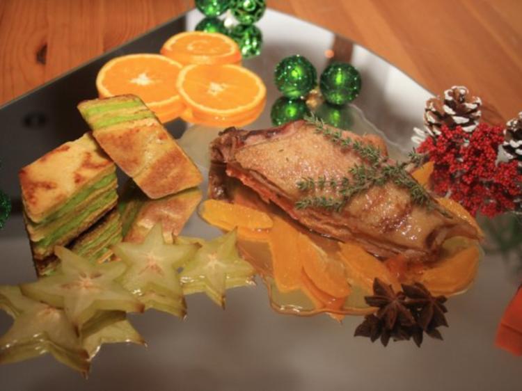 Weihnachtliche Ente auf Orangenjus Kräuterbaumkuchen und Trilogie vom ...