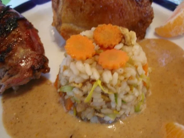 Rezept: Pekingente mit Erdnusssauce und Gemüsereis mit Möhrenblüten Bild Nr. 16 Pekingente mit Erdnusssauce und Gemüsereis mit Möhrenblüten - Rezept - Bild Nr. 16