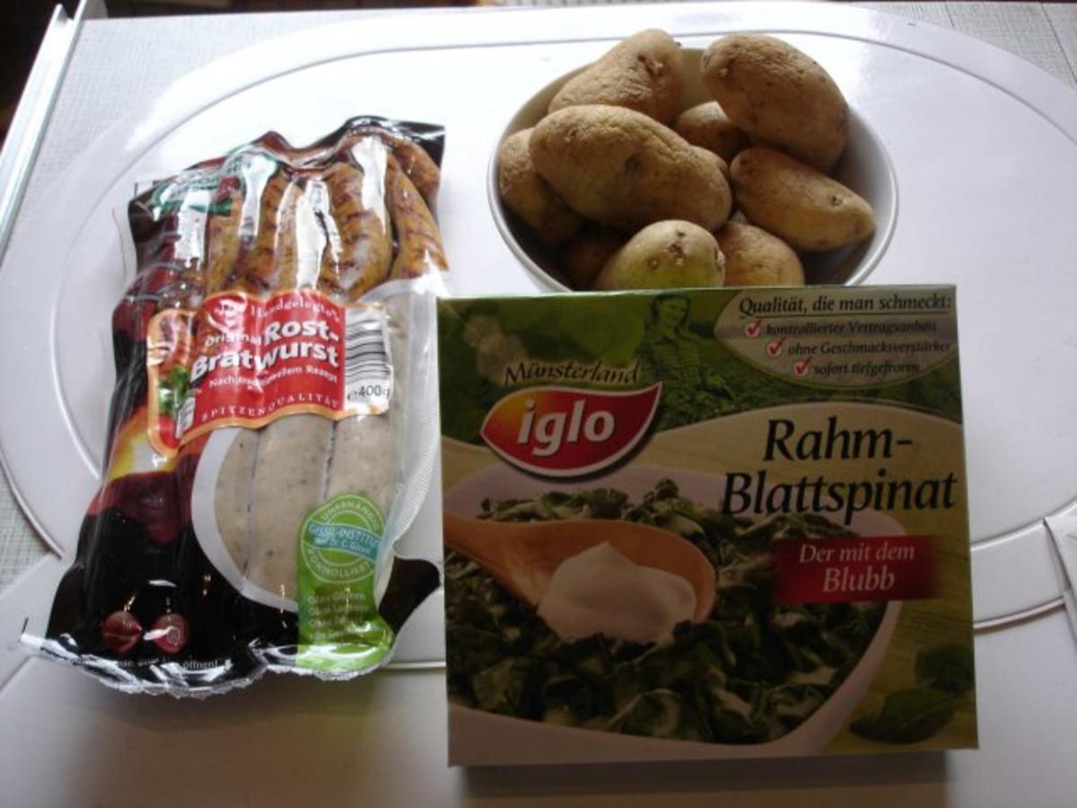 Frische Rost-Bratwurst mit Rahm-Spinat und Kartoffeln - Rezept - Bild Nr. 2