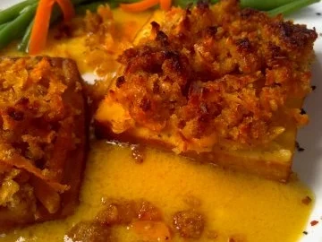 Räuchertofu mit Schalottenkruste in Senf-Orangen-Sauce - Rezept - Bild Nr. 4