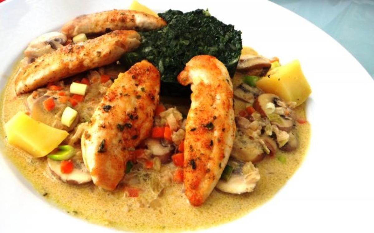 Hühnerbrust-Filets auf Champignon-Limone-Cognac-Sahne und Spinat