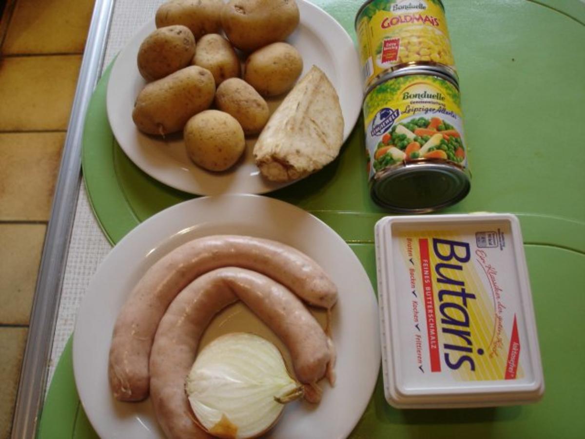 Feine Bratwurst mit Selleriestampfkartoffeln und Gemüse - Rezept - Bild Nr. 2