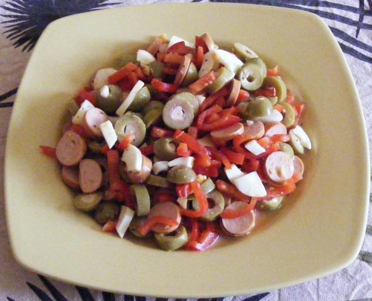 Eier-Paprika-Wiener-Salat mit Oliven - Rezept