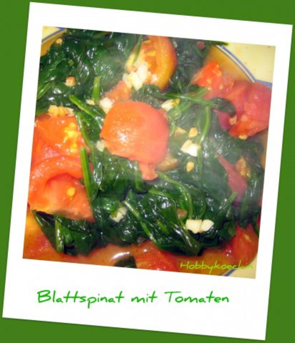 Beilage - Frischer Blattspinat mit Tomaten und Knobi - Rezept