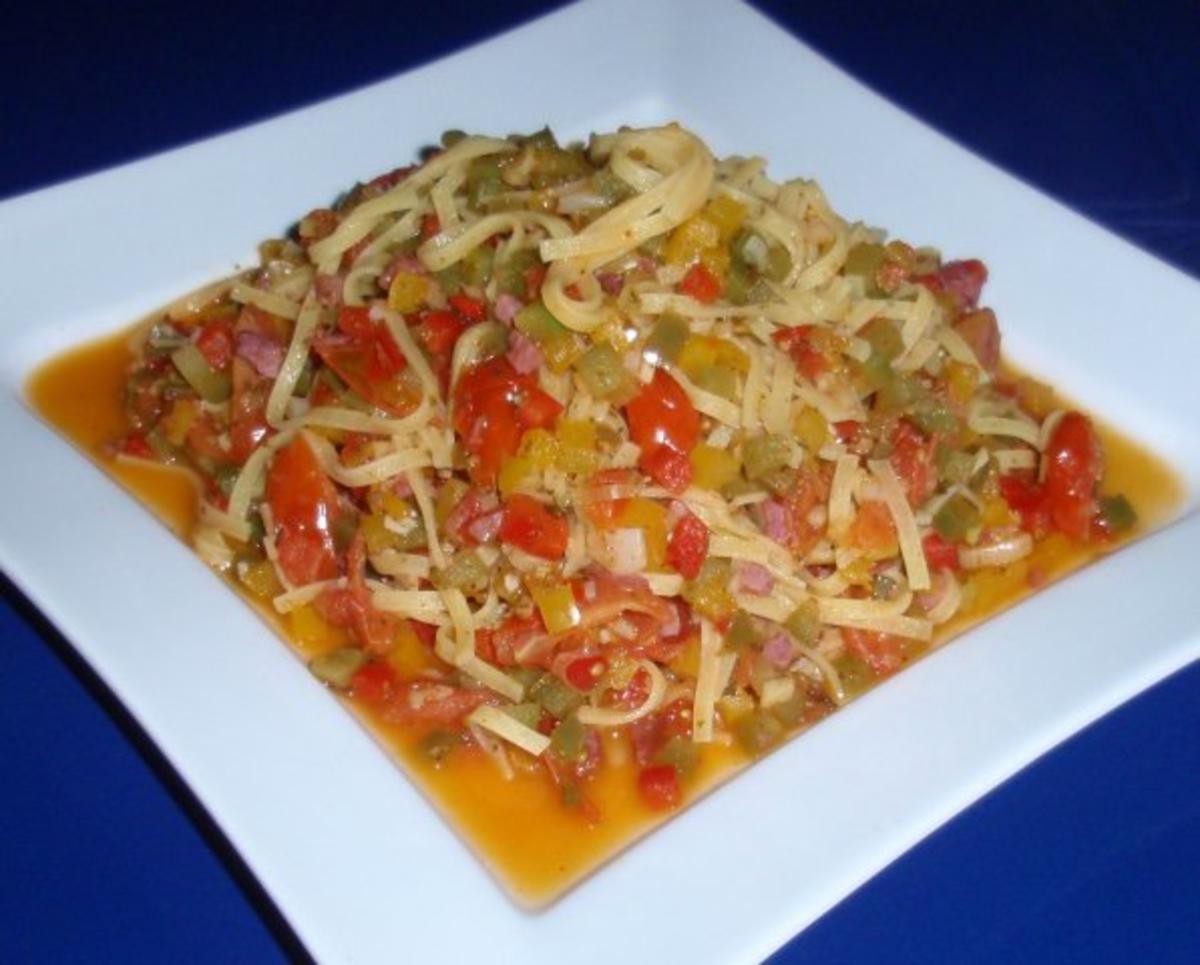 Linguini-Gemüse-Schinken-Pfanne - Rezept