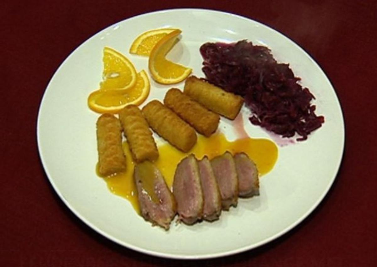 Bilder für Entenbrust à l’Orange mit Apfelrotkohl und Kroketten (Harry Wijnvoord) - Rezept