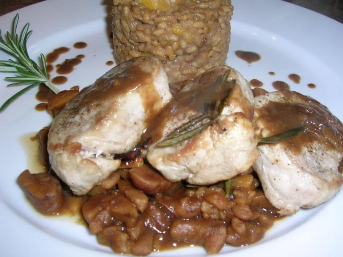 Bilder für Schweinemedaillons mit Kastanien-Cognac-Kaffee-Sauce an Kaffeerisotto - Rezept