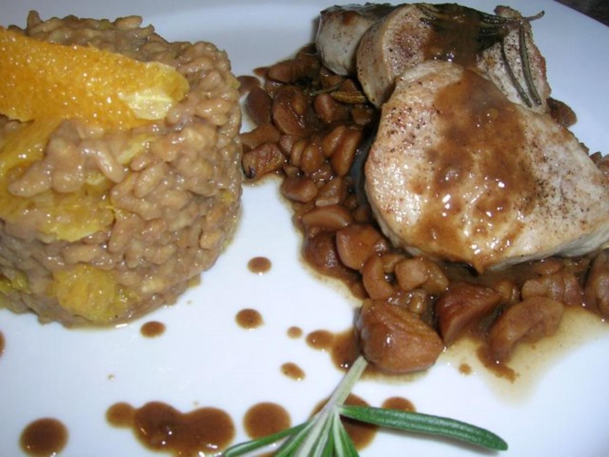 Schweinemedaillons mit Kastanien-Cognac-Kaffee-Sauce an Kaffeerisotto - Rezept - Bild Nr. 3