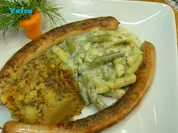 Bratwürstel, Dillfisolen und Erdäpfelschmarren - Rezept