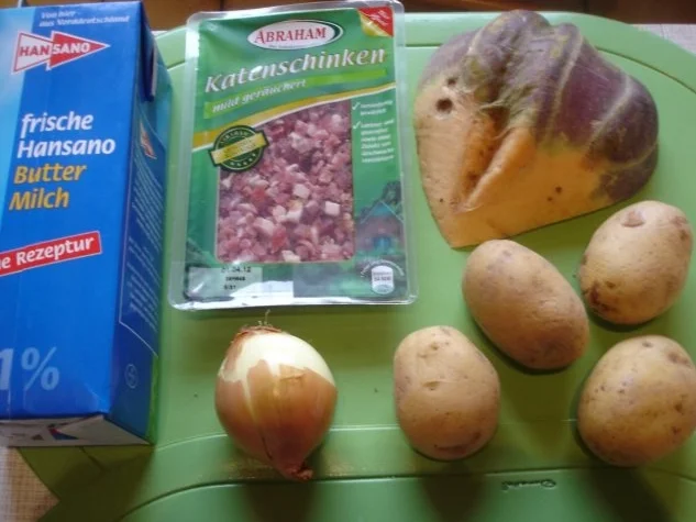 Buttermilch-Kartoffel-Steckrüben-Stampf mit Katenschinkenwürfel-zwiebeln - Rezept - Bild Nr. 2