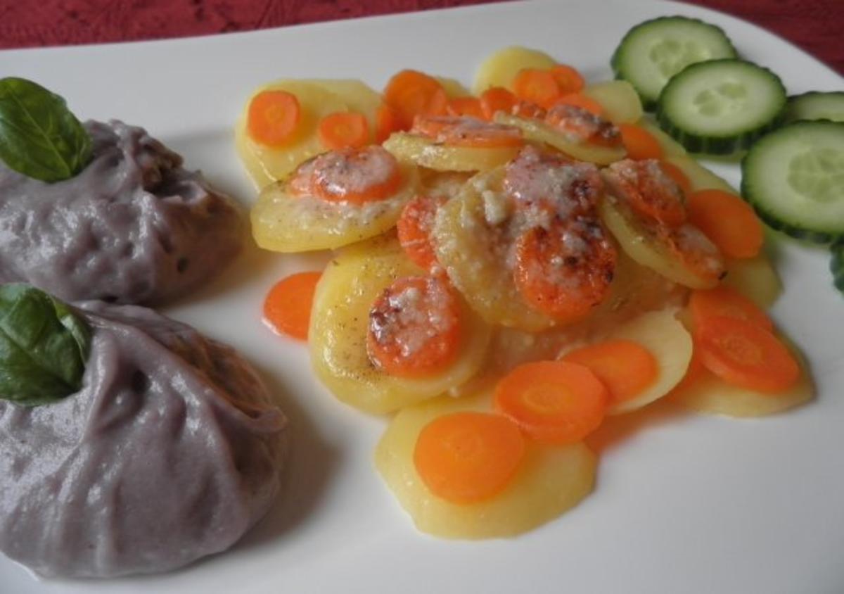 Zugedeckter Fisch mit violetten Kartoffelpüree - Rezept