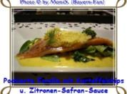 Pochierte Forelle mit Kartoffelchips und Zitronen-Safran-Sauce - Rezept