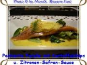 Pochierte Forelle mit Kartoffelchips und Zitronen-Safran-Sauce - Rezept